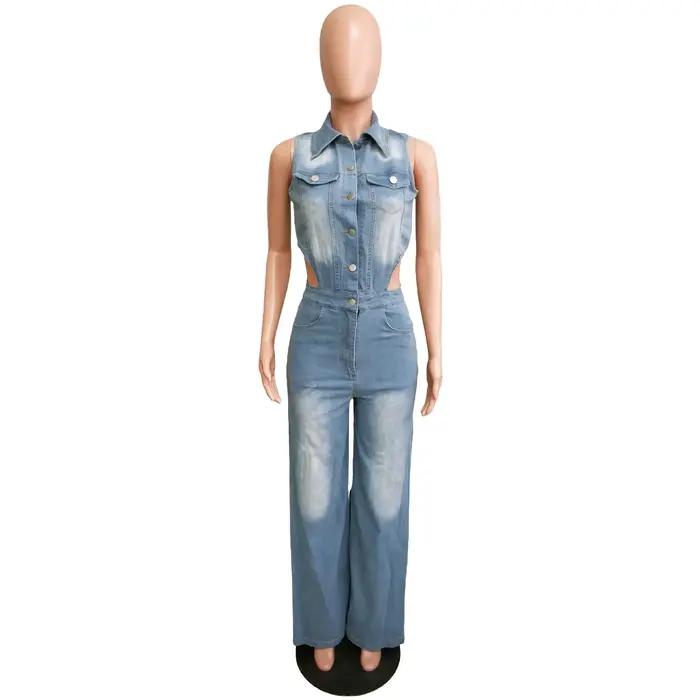 Combinaisons en denim pour femmes, une pièce, col rabattu, salopette, gaine, sexy, droite, longue, pantalon, barboteuses, coupe couvertes, polyester, drap fin, décontracté, automne hiver