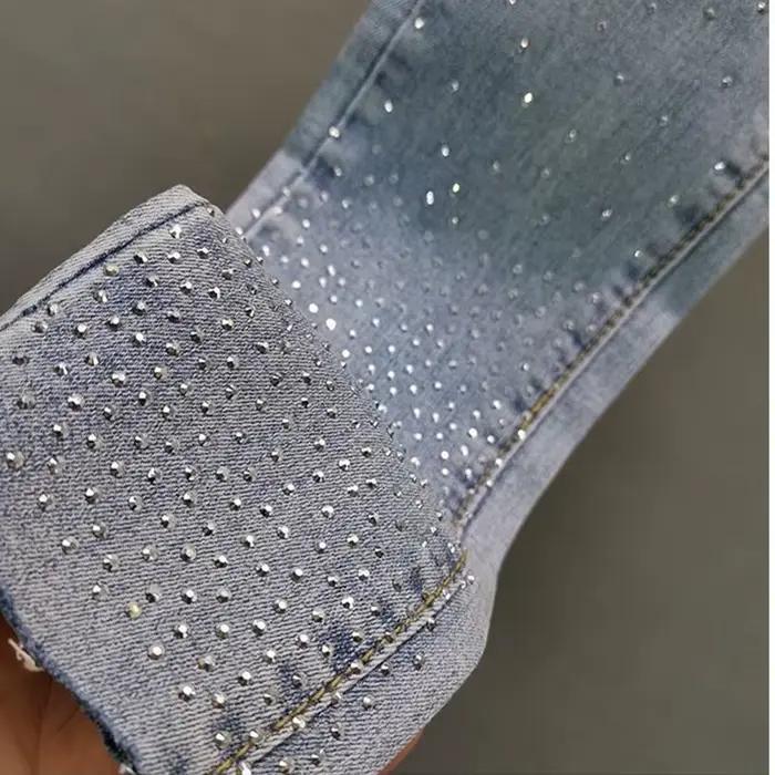 Jean femme 2025 été nouveau élastique mince industrie lourde diamant chaud petit pied crayon pantalon