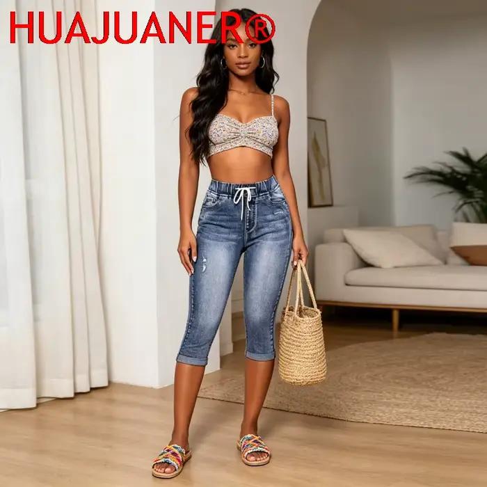 Jeans déchirés pour femmes coupe crayon style vintage streetwear 2026 longueur mollet taille haute avec cordon de serrage et poches bleu noir