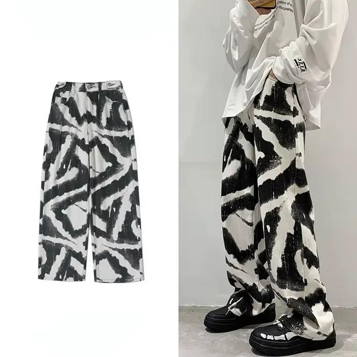 Streetwear zèbre imprimé jean hommes droit décontracté jambe large surdimensionné Denim pantalon Hip Hop Animal Baggy