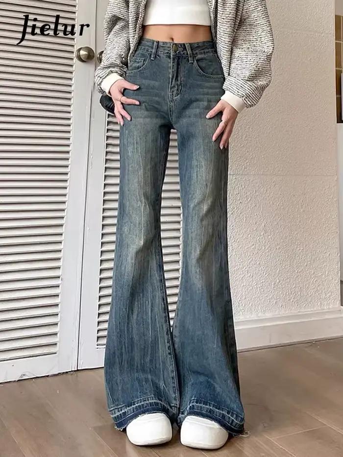 Jielur-Jean Slim Décontracté Vintage Bleu pour Femme