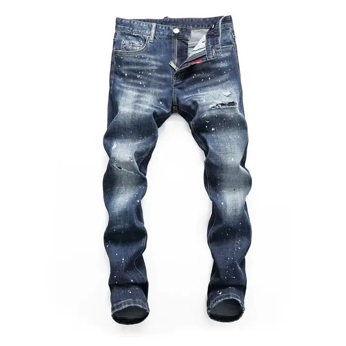 Haute qualité rue mode hommes jean rétro bleu élastique coupe ajustée déchiré