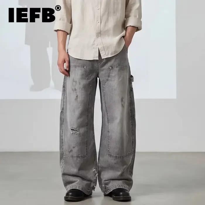 IEFB Style américain déconstruit Silhouette en détresse hommes coupe botte jean vêtements de travail Chic ample sale teint bûche Denim pantalon