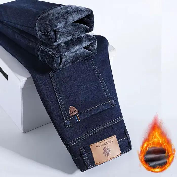 Hiver chaud polaire jean hommes épais thermique décontracté droit Denim pantalon mâle travail d'affaires Stretch