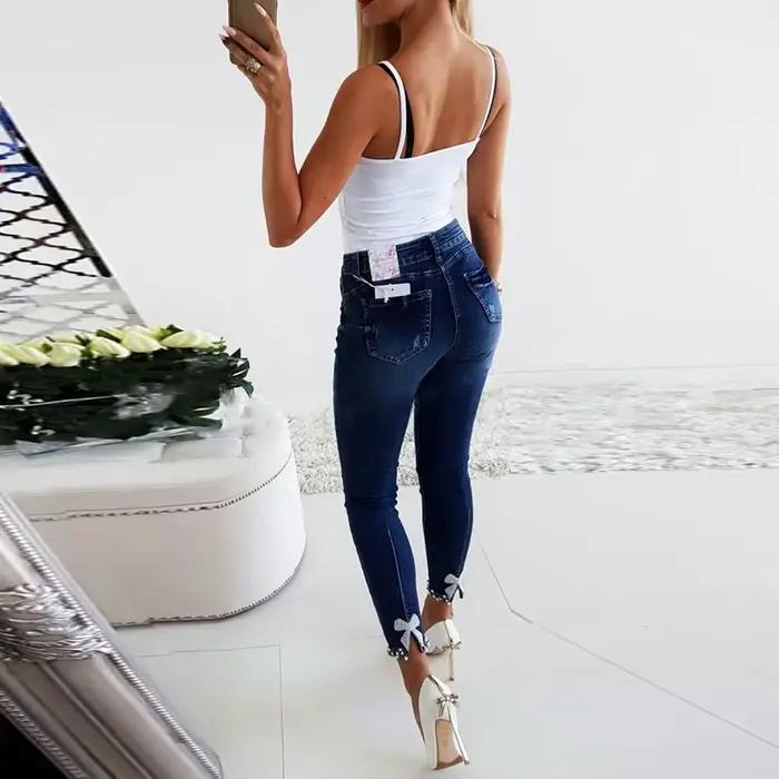 Pantalon crayon vintage pour femmes jean délavé gaine denim longueur de rinçage perles poches solides décontracté taille haute mince bleu ciel bleu kalenmos