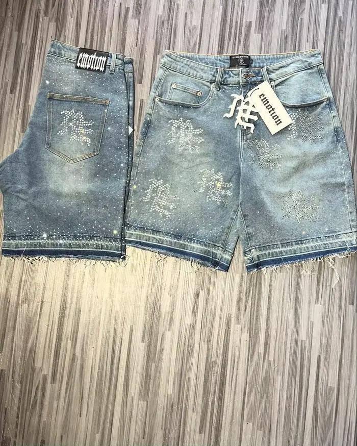 EMOTION mixte clouté lettrage Denim Shorts jean pour hommes femmes Hip Hop Vintage bleu Baggy