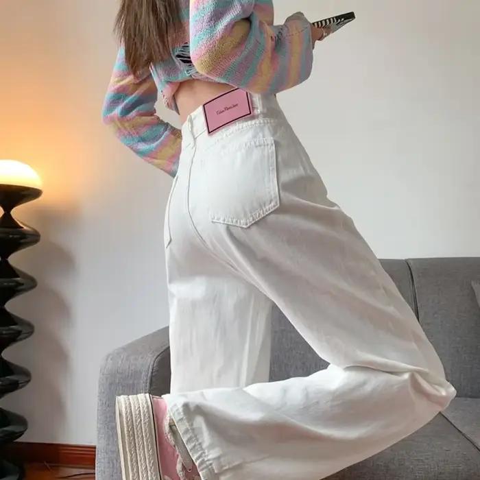Jean blanc taille haute à jambe large pour femme