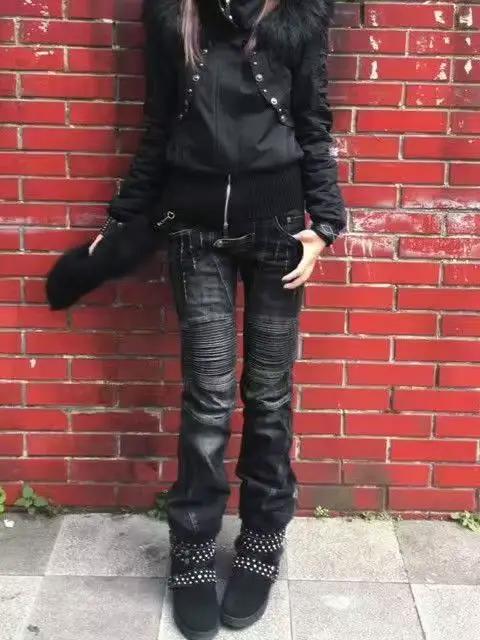 American Street surdimensionné lavé rétro industrie lourde moto jean femmes taille basse coupe ajustée en détresse pli