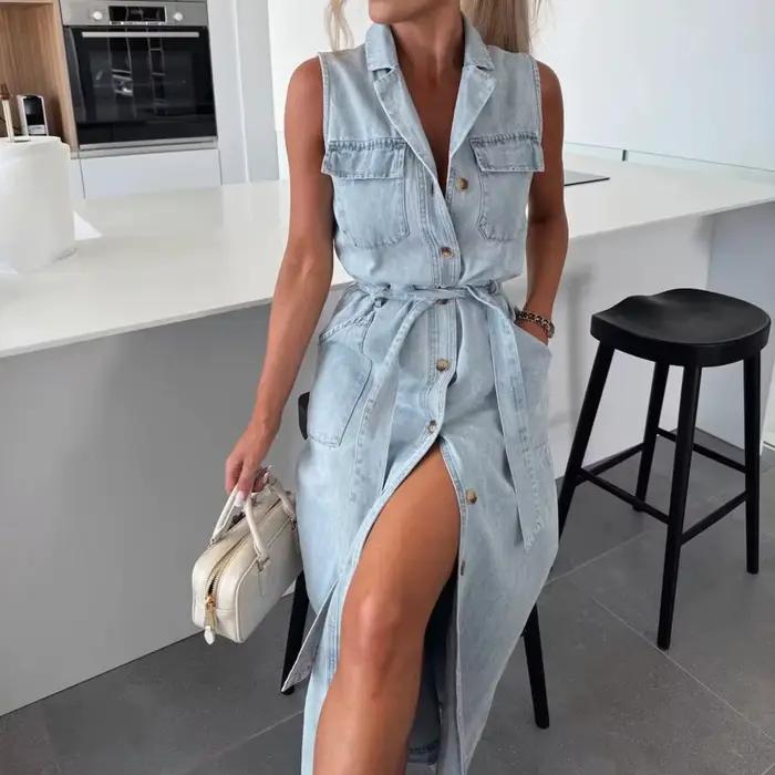 Robe chemise en jean pour femmes sans manches col rabattu ample boutonnée pour été décontractée chic et moderne occasions spéciales