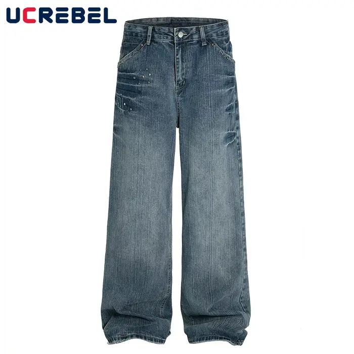 Rivets rétro jean hommes haute rue poche ample lavé en détresse jambe droite