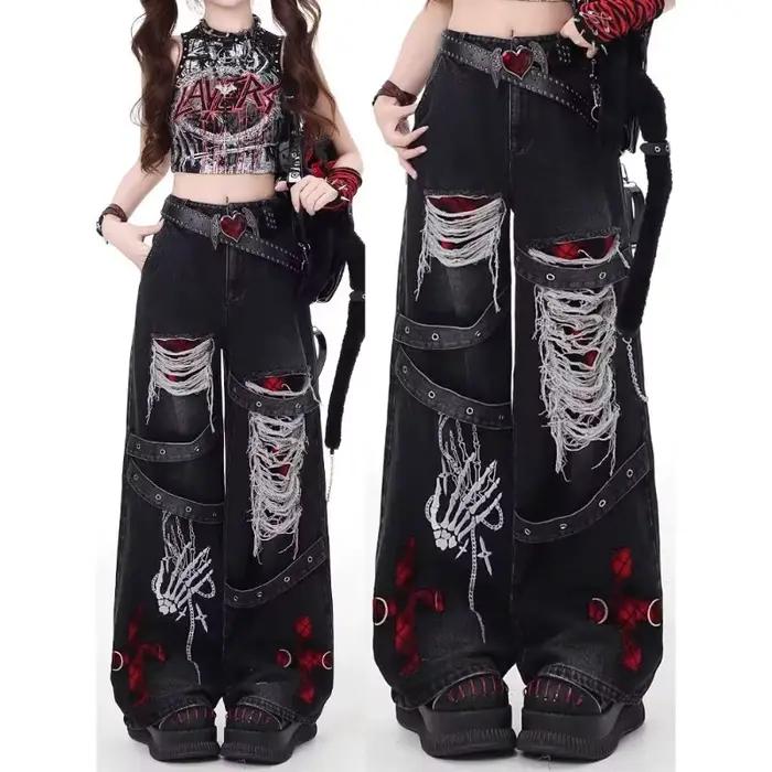 Style américain épicé fille lâche paresseux et détendu denim pantalon femme punk rétro lavé à la mode polyvalent pantalons décontractés