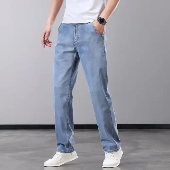 Été mince hommes jean Lyocell tissu doux respirant droit Denim pantalon marque homme élastique glace soie