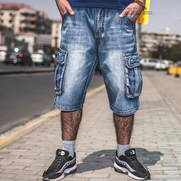 Shorts en jean bleu multi-poches pour hommes, streetwear, grande taille, ajustement large, été, nouveaux modèles hip-hop et harem jeans pour occasions quotidiennes