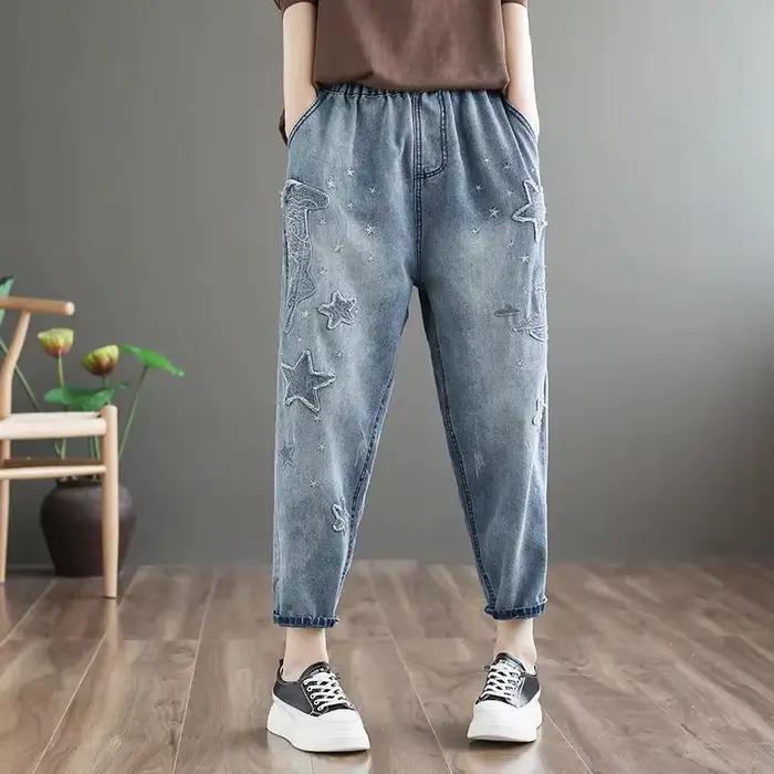 Pantalon Harem En Jean Brodé Femme Printemps Automne Coupe Ample Taille Élastique Style Rétro Décontracté Occasions Spéciales