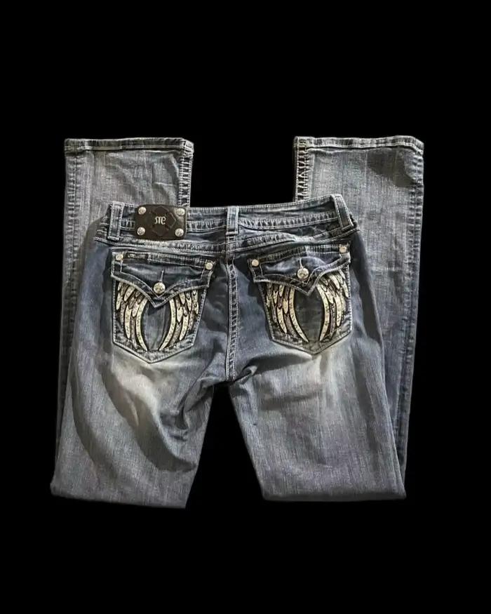 Jeans taille haute avec boutons brodés pour hommes et femmes