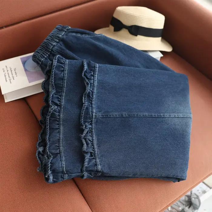 Pantalon large en jean style Mori Girl japonais vintage avec volants