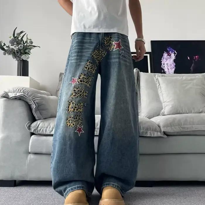 Jean baggy imprimé léopard et étoiles Y2K pour homme