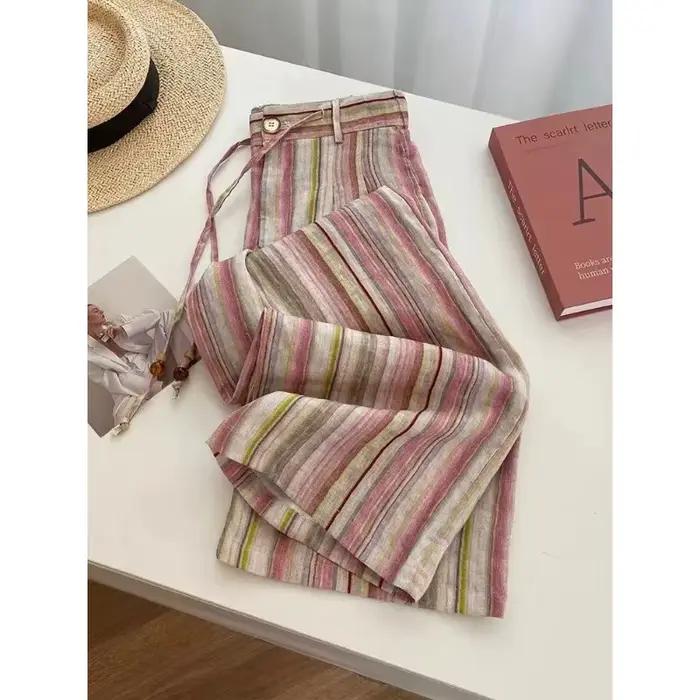 Pantalon large en lin rayé rose pour femme