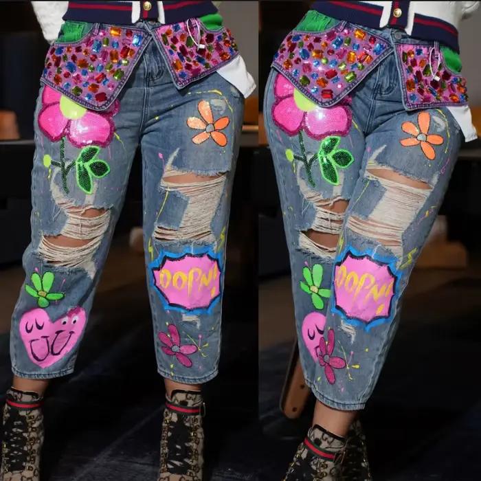 Mode strass lavé déchiré graphique Jean Style de rue femmes Denim pantalon taille haute perlé paillettes jambe droite