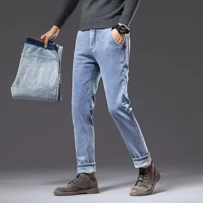 Hiver polaire épais chaud jean classique marque affaires décontracté hommes ajusté droit Stretch taille mi-haute Denim