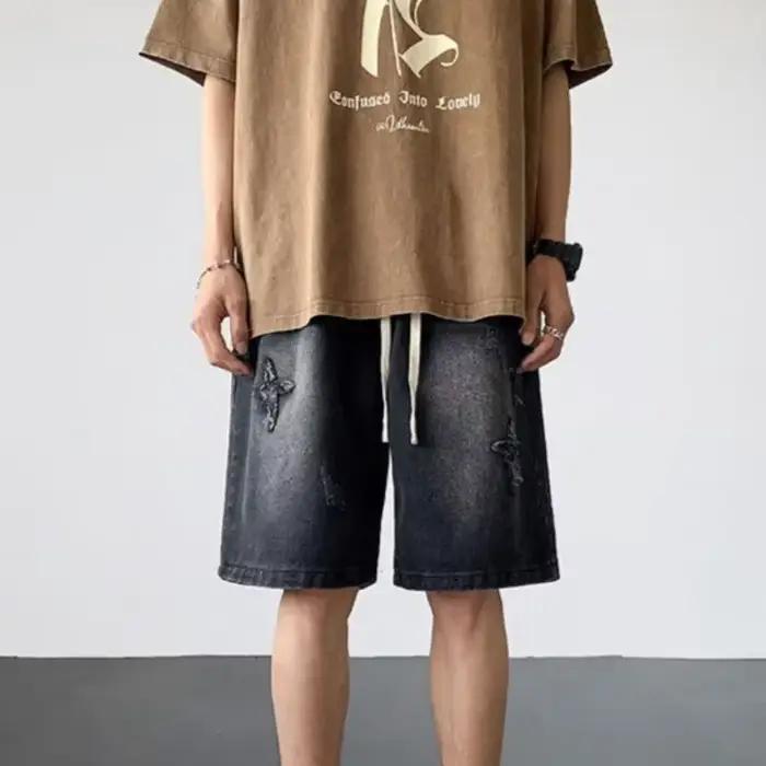 MIHIAR Baggy Denim Shorts Hommes Bermuda Style Coréen Extensible pour Activités Extérieures Occasions Quotidiennes