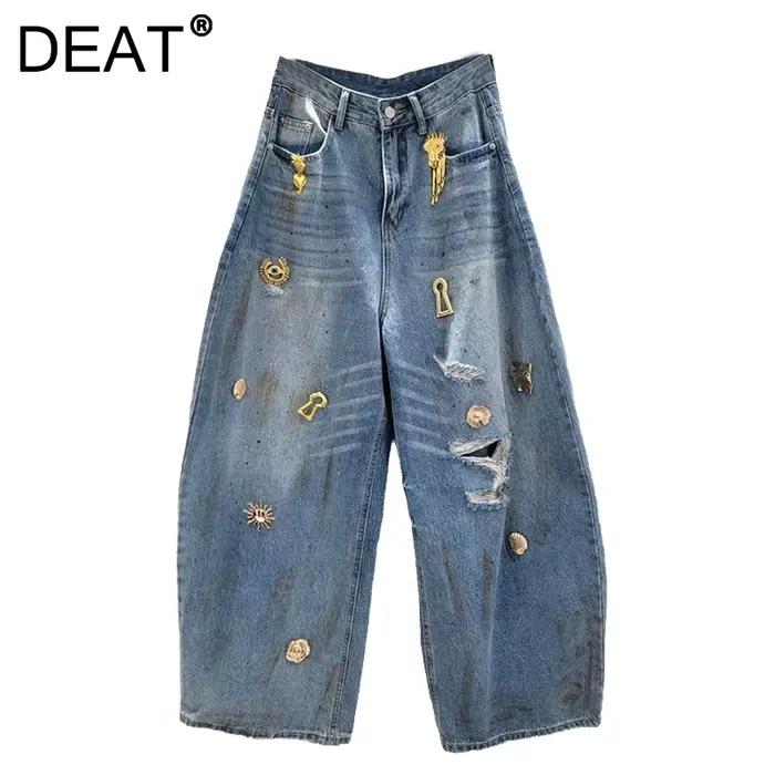 Jean Taille Haute Ample avec Trou Déchiré et Décoration Métallique Denim Pantalon Banane Nouvelle Mode Printemps 2026 DEAT
