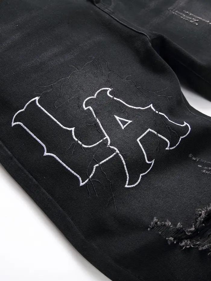 Jean homme pantalon Denim noir jambe droite confort taille moyenne blanc broderie décontracté Streetwear printemps