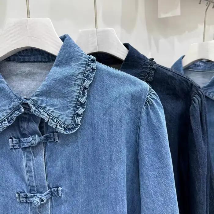 Chemisier en jean style rétro chinois décontracté pour femme printemps été hauts décontractés occassions bureau et week-end