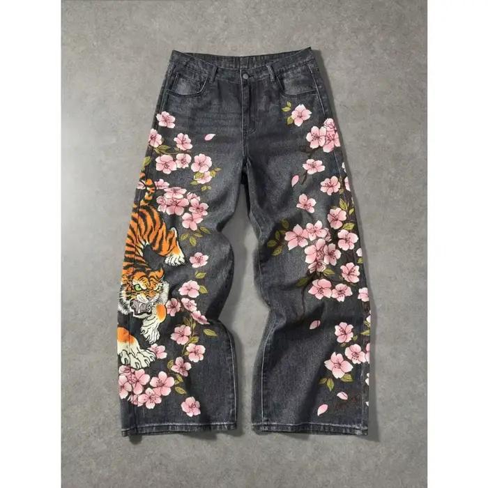 Jeans décontractés Y2K rétro pour hommes et femmes, motif floral tigre, coupe ample taille haute et jambe large