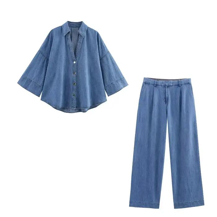 Denim pantalon tenue pour femmes 2 pièces printemps automne mode à manches larges chemise décontractée