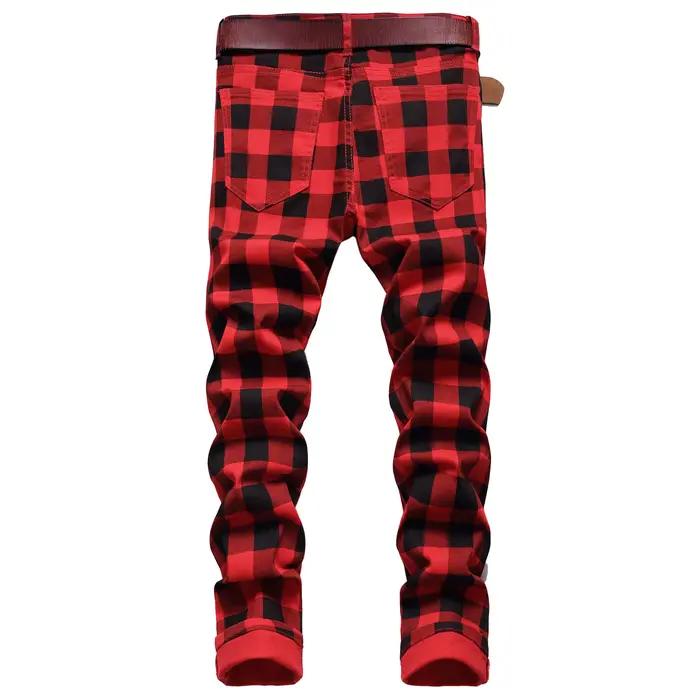 Jean crayon pantalon hommes Denims Plaid imprimé maigre droit cheville longueur