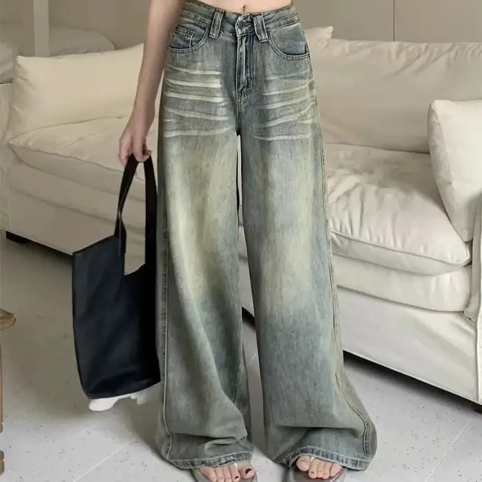 Jeans Y2K ample à la taille haute pour femmes style rétro lavage vintage plaid pour occasions spéciales et tous les jours