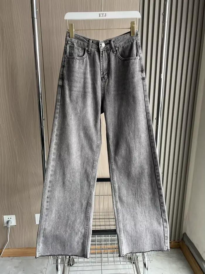 ETJ jean taille haute à jambes larges femme classique tout avec cinq poches lavé doux confortable