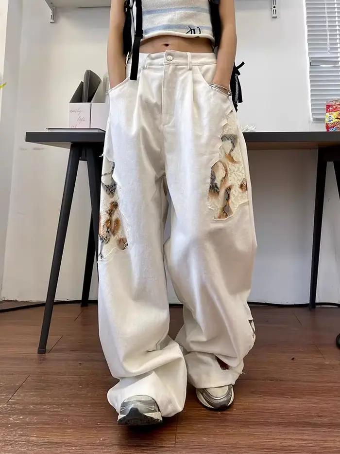 Dentelle rétro épissée ​ ​ Jean blanc pour femmes