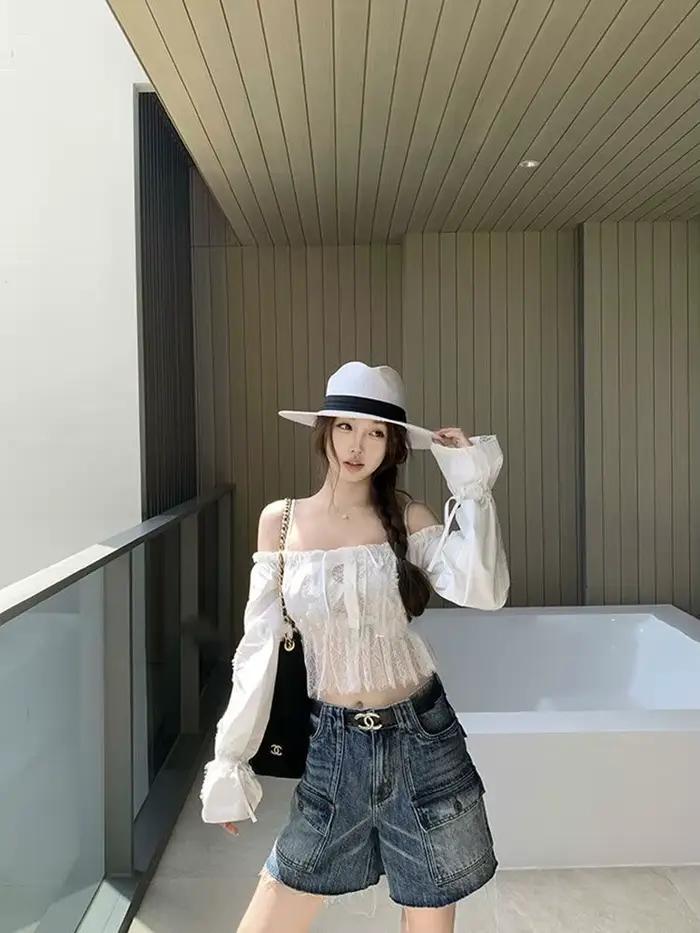 Short en jean cargo droit délavé style rétro pour femme - Nouvelle collection été