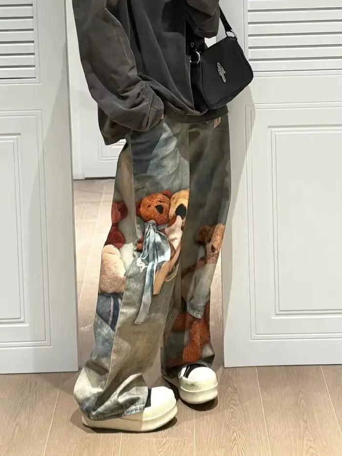 Pantalon Large à Jambe Droite Imprimé Little Bear Vintage Y2K Pour Femmes Occasions Printemps Automne