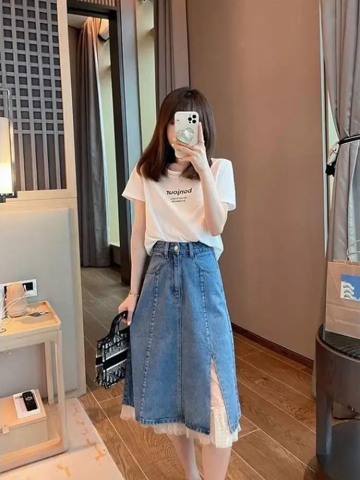 Femme jupe en jean dentelle Patchwork taille haute épissage