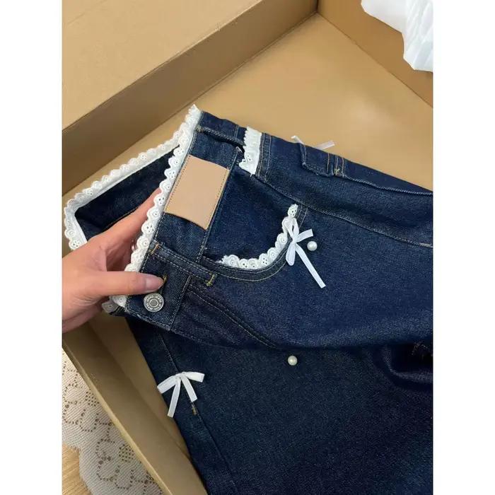 Nouveau produit été 2026 : Jean droit ample pour femme avec taille en dentelle