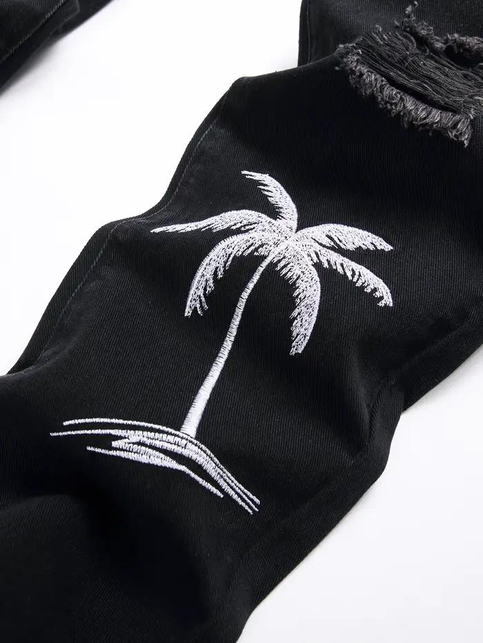 Jean homme pantalon Denim noir jambe droite confort taille moyenne blanc broderie décontracté Streetwear printemps