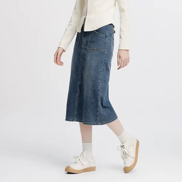Jupe longue droite en jean fendue pour femme Semir