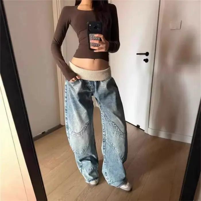 Jean droit rétro à taille cintrée pour femme style streetwear printemps été ample pantalon large polyester faux zip légèrement extensible lavé en pierre YEMOCILE