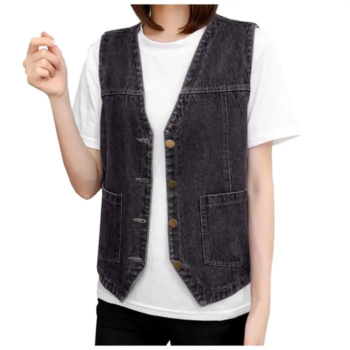 Rose femmes mode avant bouton Denim gilet sans manches