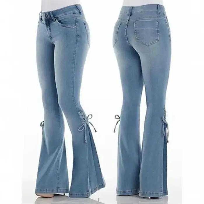 Pantalon évasé pour femmes Vintage jean à lacets extensible taille moyenne maigre en détresse lavé 2025 Streetwear