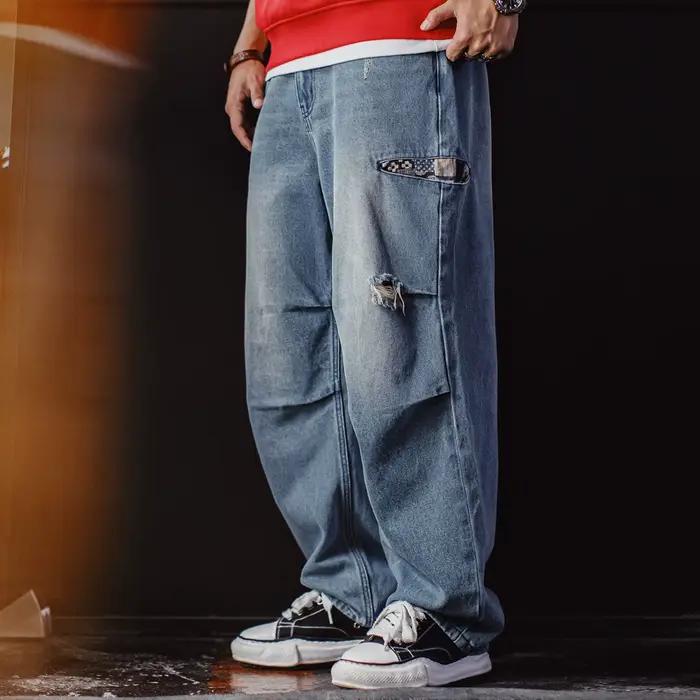 Jean Maden pour homme, style vintage Boro patchwork, coupe parachute, déchiré et vieilli, jambe large, en denim épais, décontracté