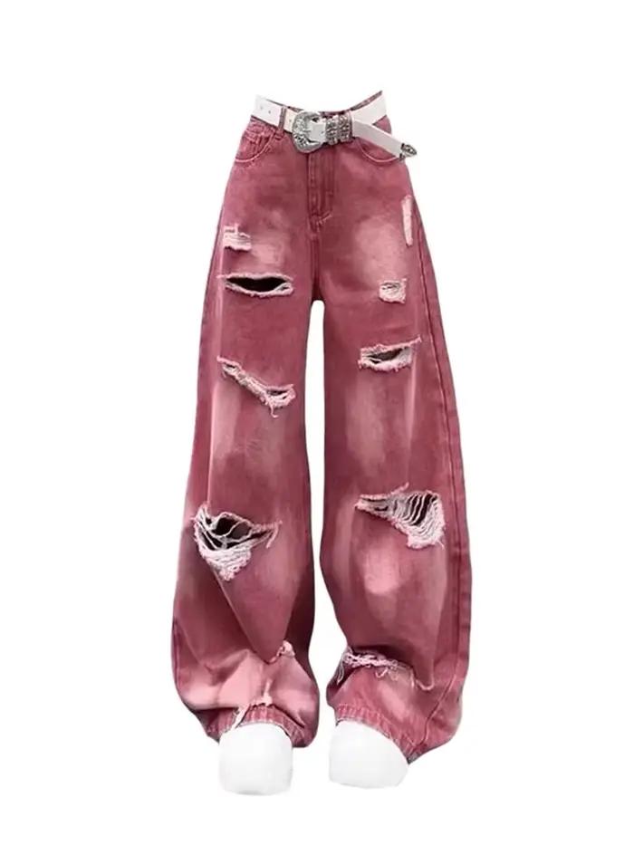 Jean Cargo Déchiré Rose Y2k pour Femme