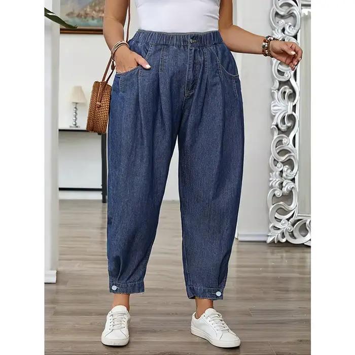 Benuynffy – Jean Lanterne Bleu Délavé Vintage Grande Taille pour Femme