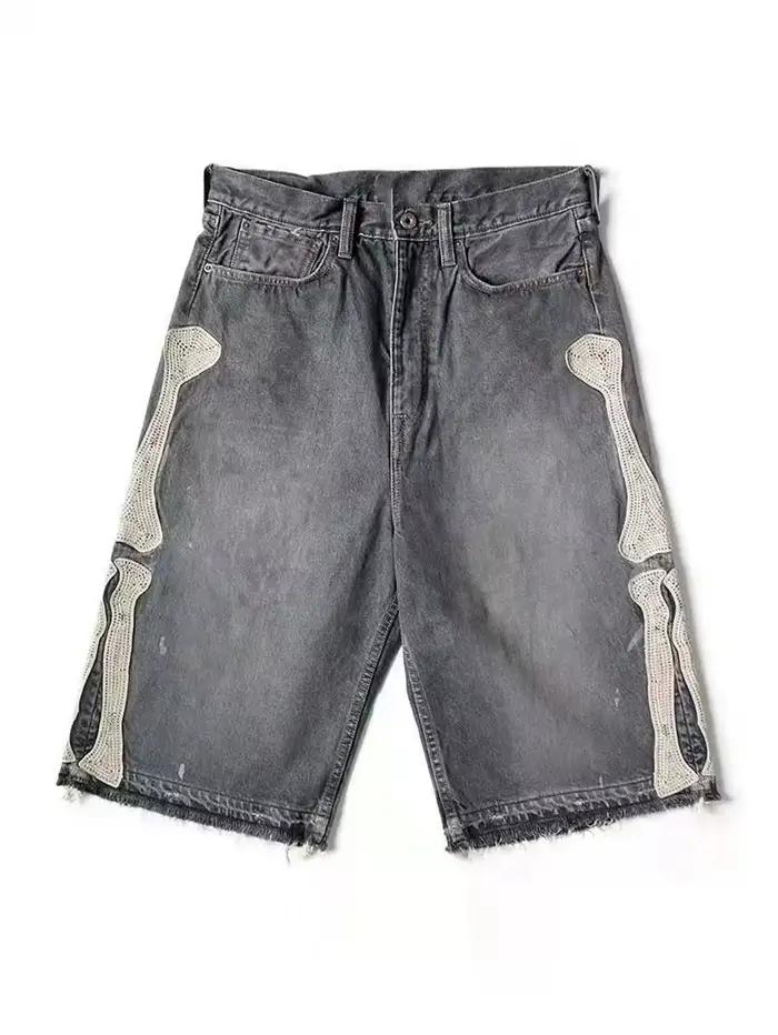 Hirata et Hiroshi Y2K Bone Broderie Jeans à cinq points Pantalon droit ample pour homme Jean bleu délavé Short d'été