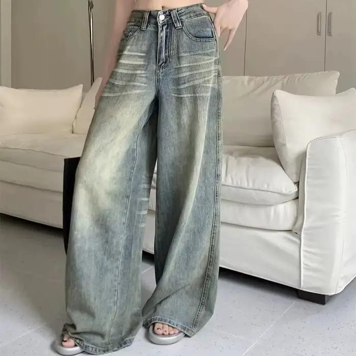 Y2K jean ample jambe droite femmes pantalon Baggy coupe large décontracté taille haute rétro lavé Style Vintage