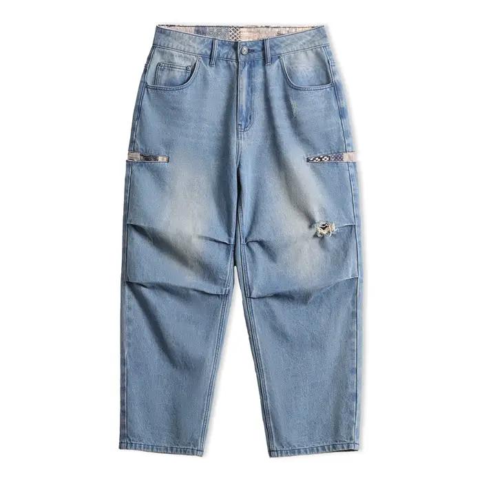 Jean Maden pour homme, style vintage Boro patchwork, coupe parachute, déchiré et vieilli, jambe large, en denim épais, décontracté