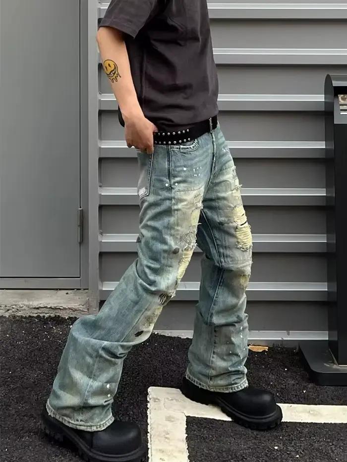 2026 Pantalon en jean déchiré et empilé pour homme